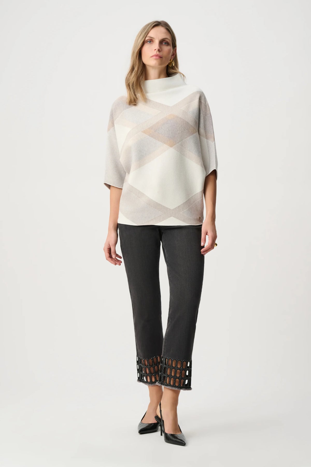 Brushed Plaid Funnel-Neck Sweater