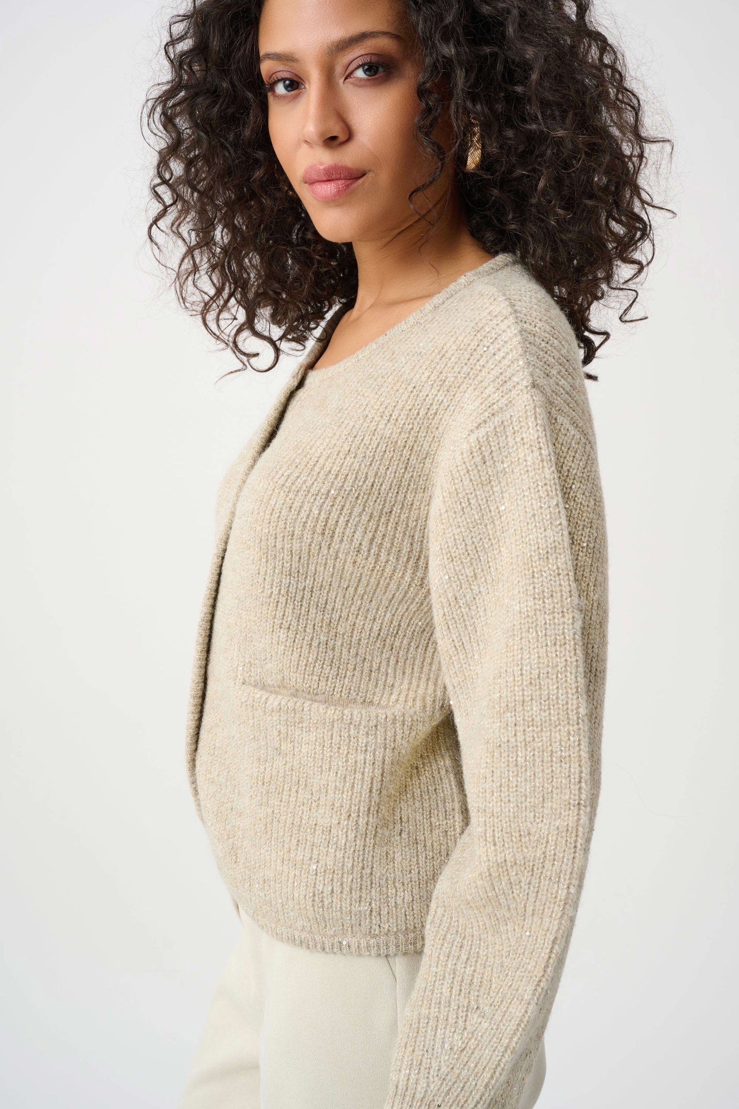 Sweater Knit Sequined Boxy Crewneck Cardigan