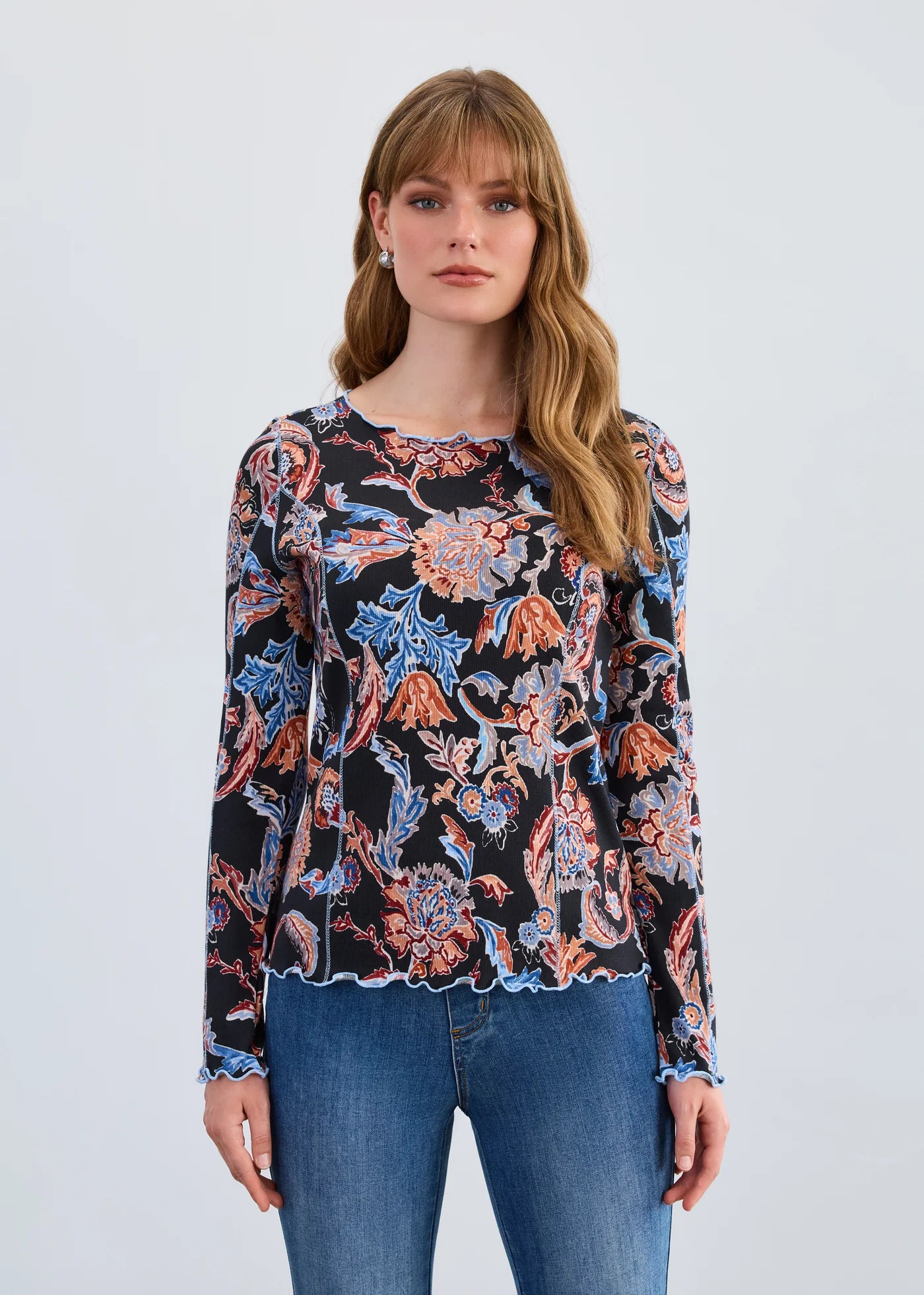 Damask Long Sleeve Boat Neck Top