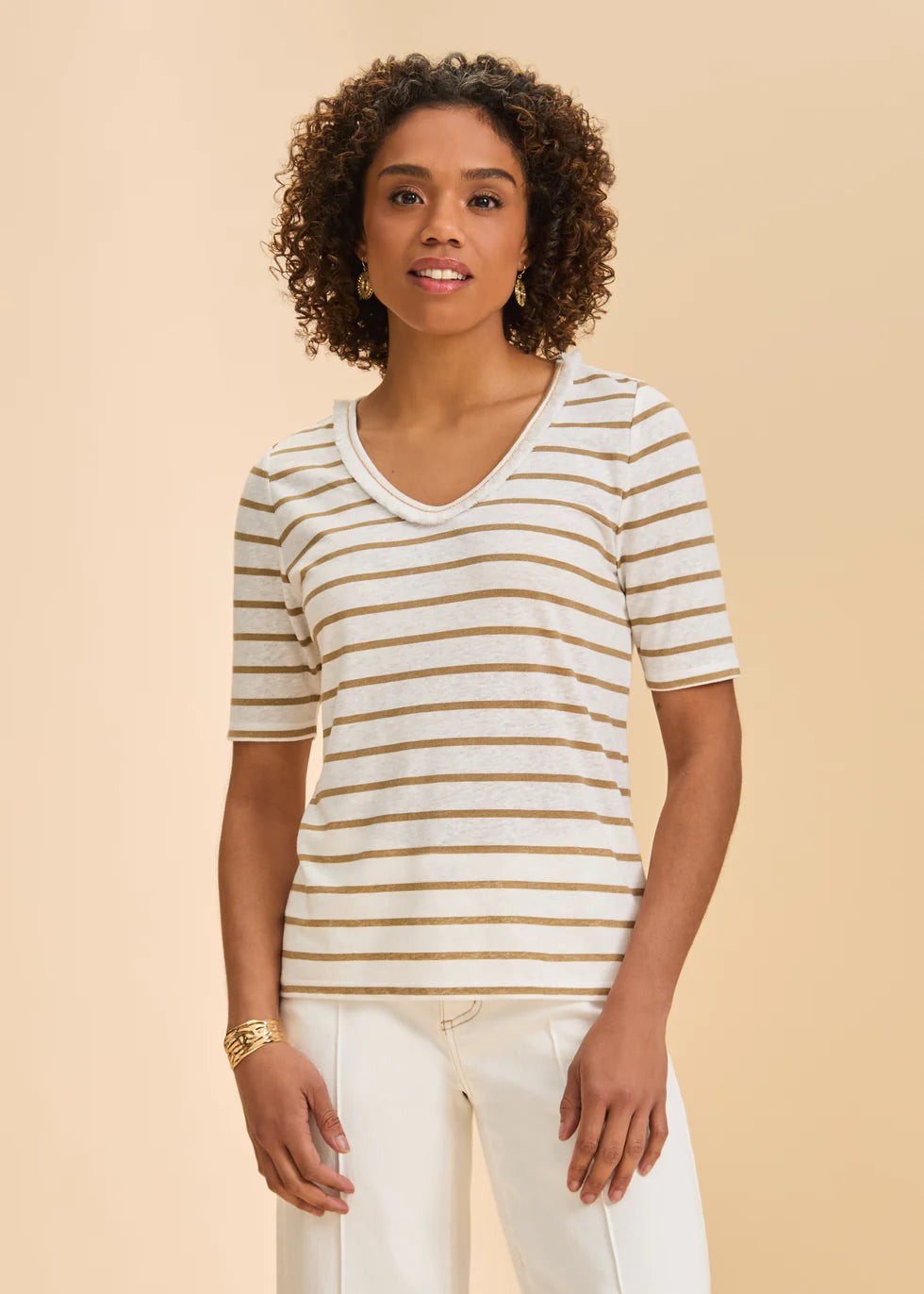 Elbow Sleeved Fringe Neck Top