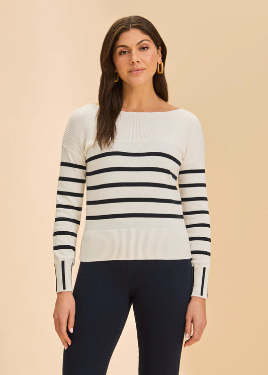 Long Sleeve Stripe Sweater, White/Navy