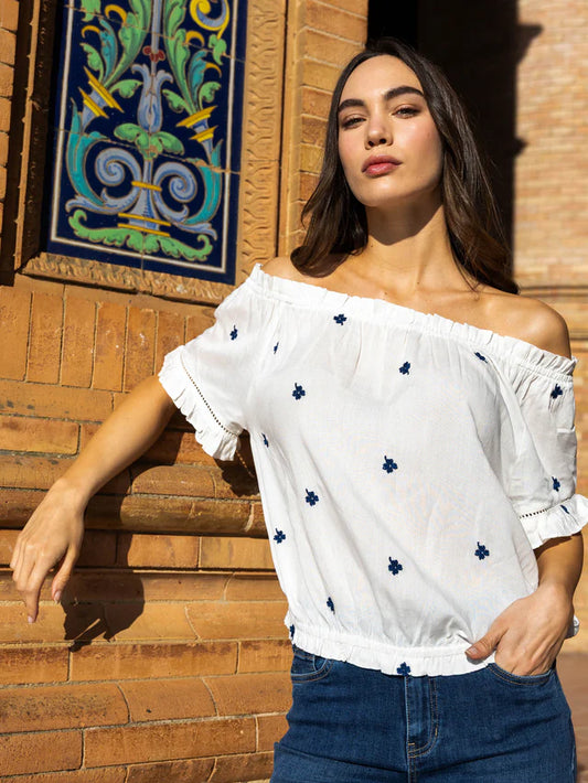 Embroidered Short Sleeve Off-Shoulder Blouse - White