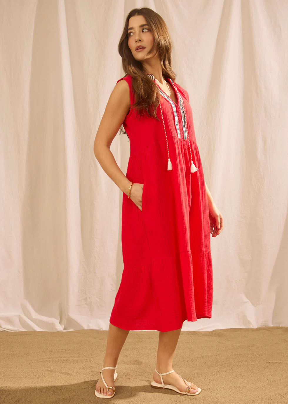 Sleeveless Tiered Midi Dress, Lava Red