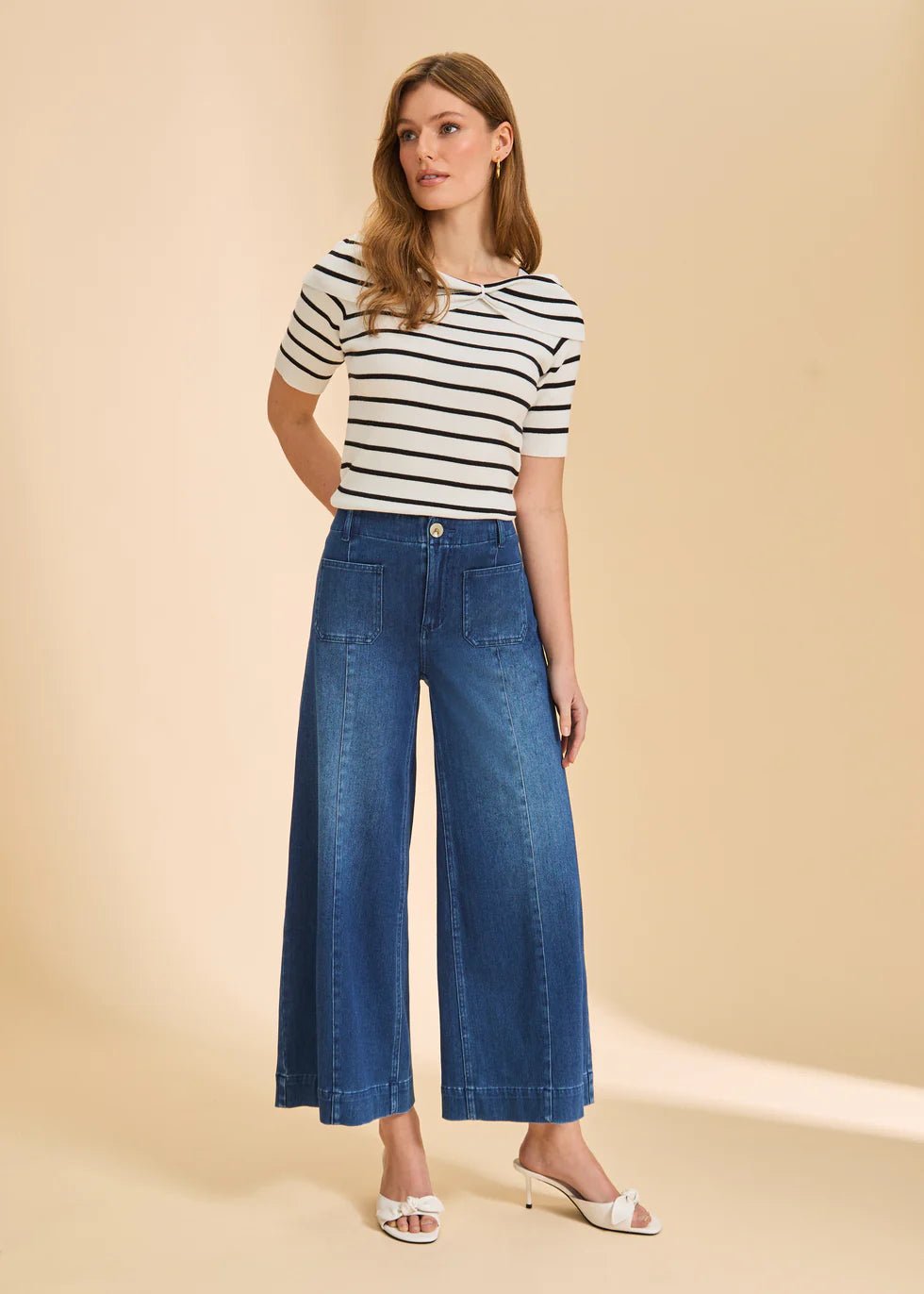 Pull-On Wide Crop Denim, Blue Denim