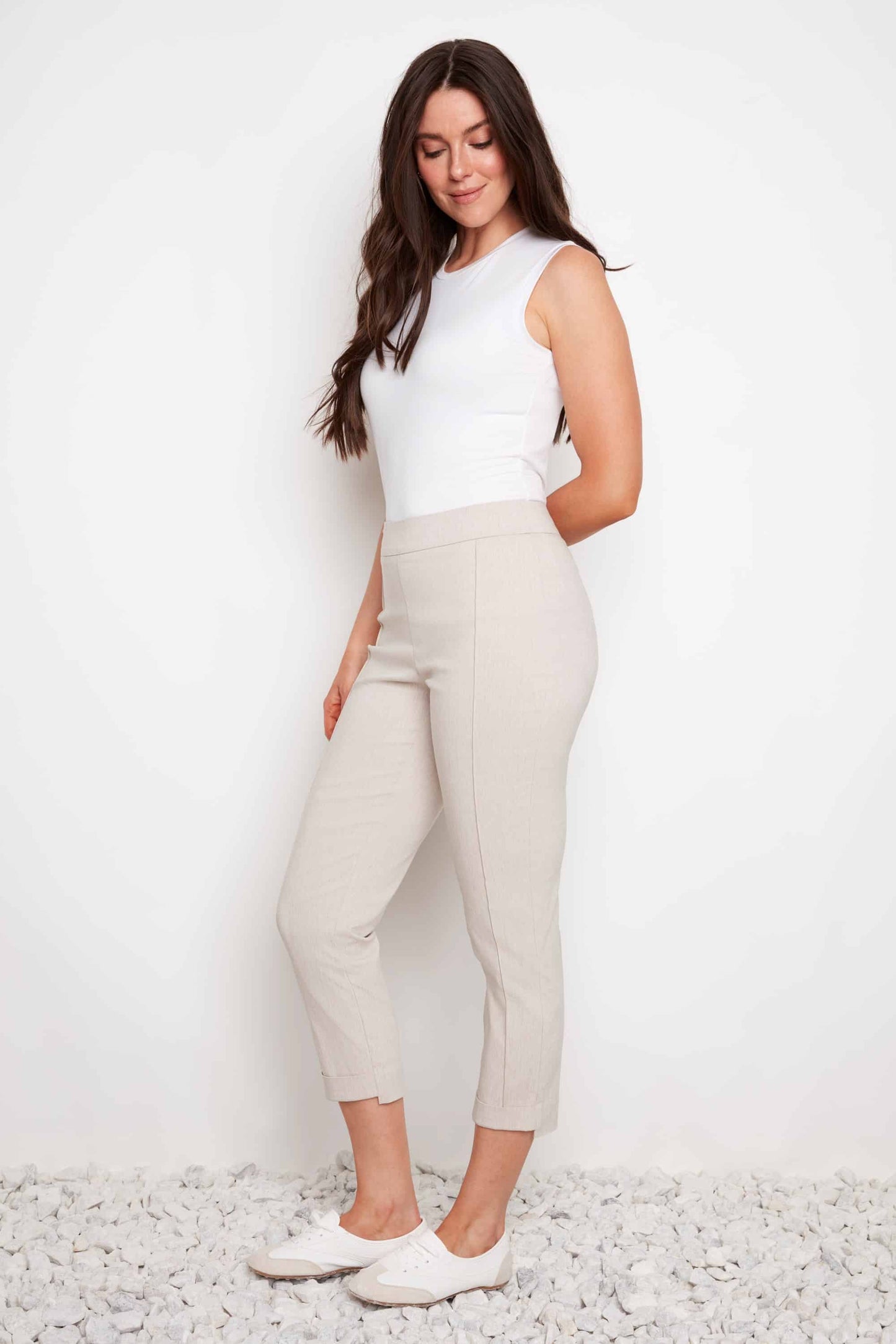 Linen Effect Techno Cropped Front Cuff Pant - Linen