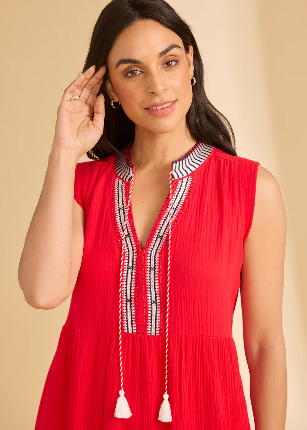 Sleeveless Tiered Midi Dress, Lava Red