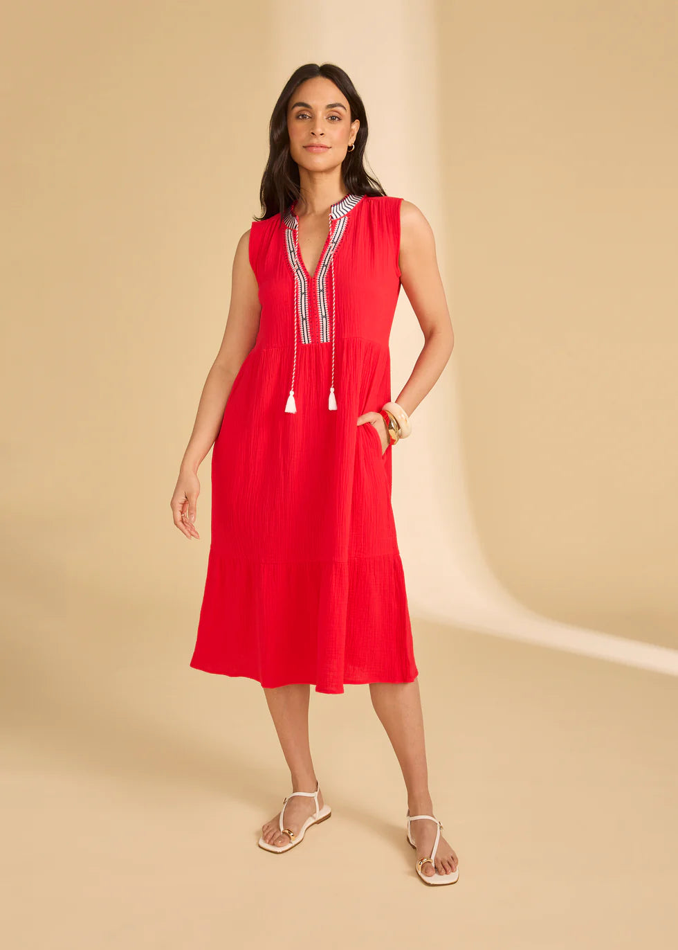 Sleeveless Tiered Midi Dress, Lava Red