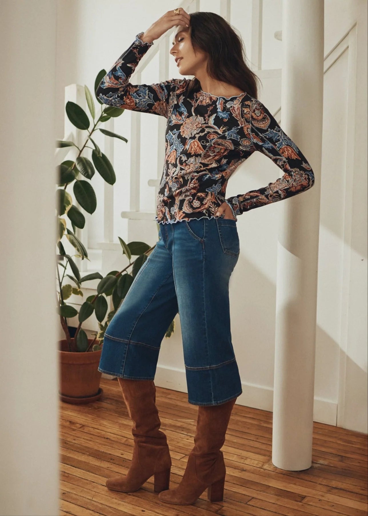 Damask Long Sleeve Boat Neck Top