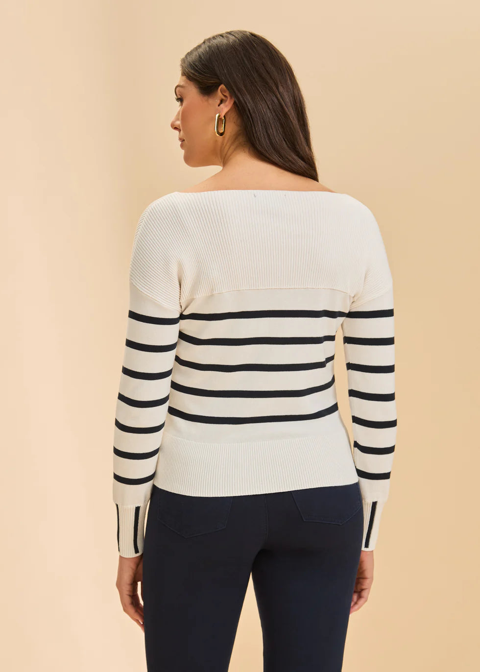 Long Sleeve Stripe Sweater, White/Navy