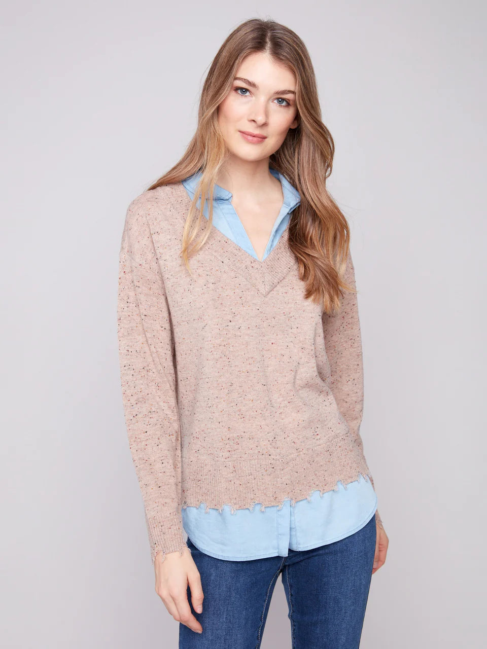 V-Neck Fooler Nep Yarn Sweater w/Tencel Combo