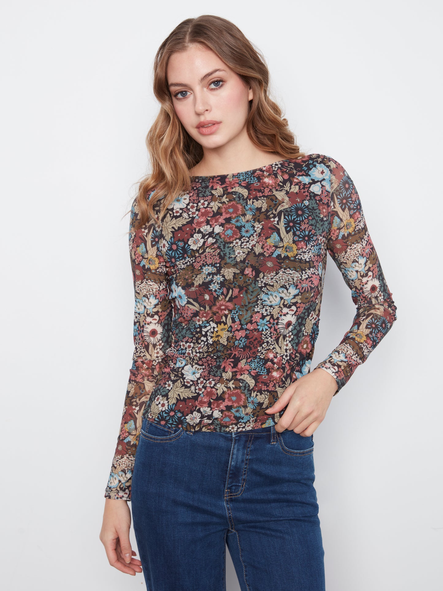 Printed Mesh Boat Neck Top - Azalea