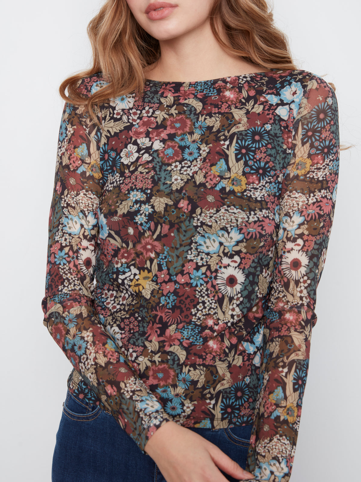Printed Mesh Boat Neck Top - Azalea