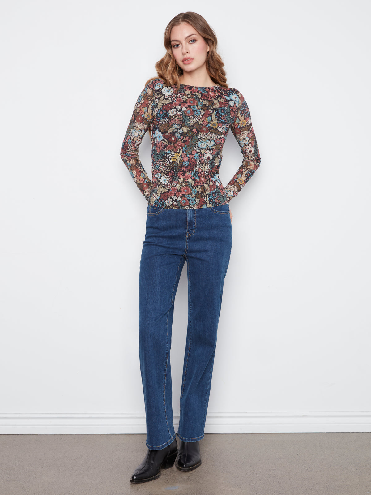 Printed Mesh Boat Neck Top - Azalea