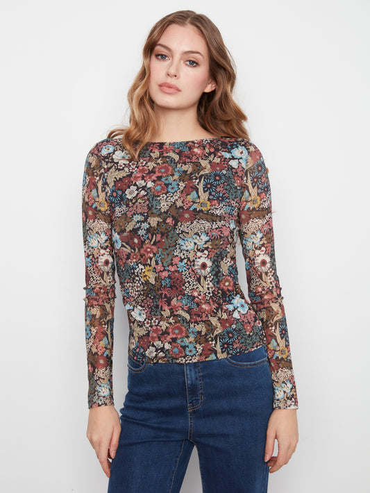 Printed Mesh Boat Neck Top - Azalea