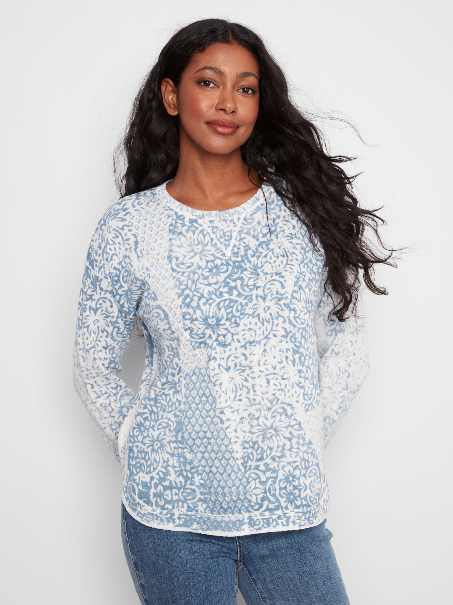 Long Sleeve Crew Neck Printed On  Reverse Sweater