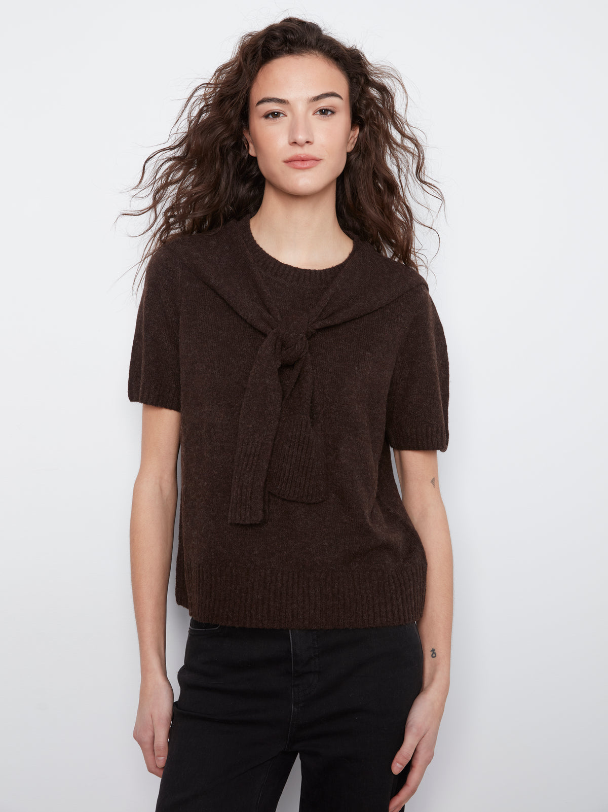 Short Sleeve Crew Neck with Over Shoulder Front Tie