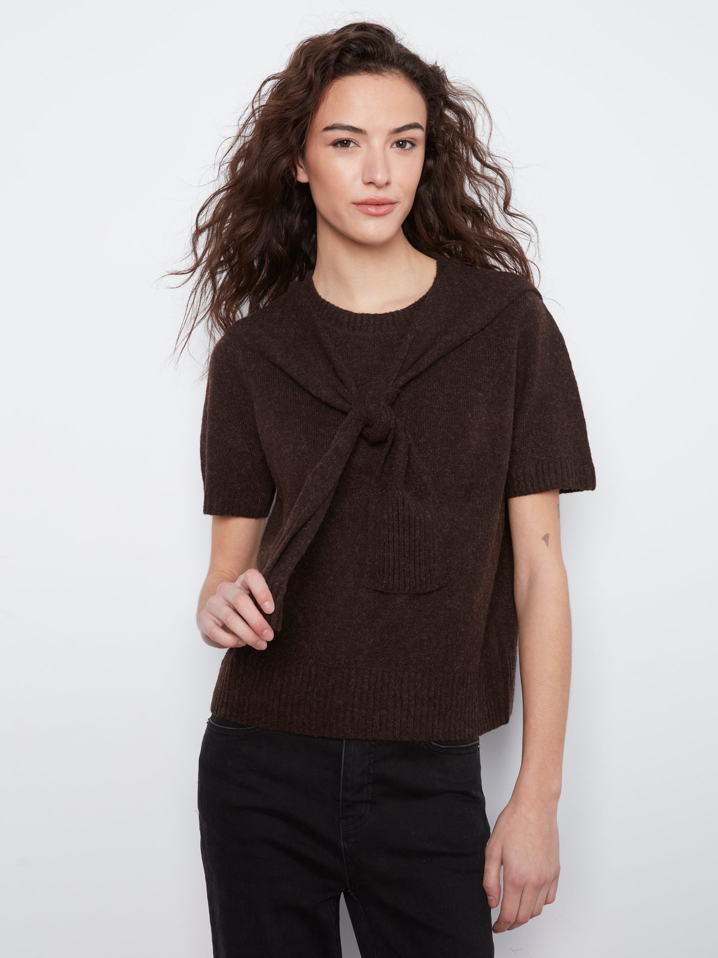 Short Sleeve Crew Neck with Over Shoulder Front Tie