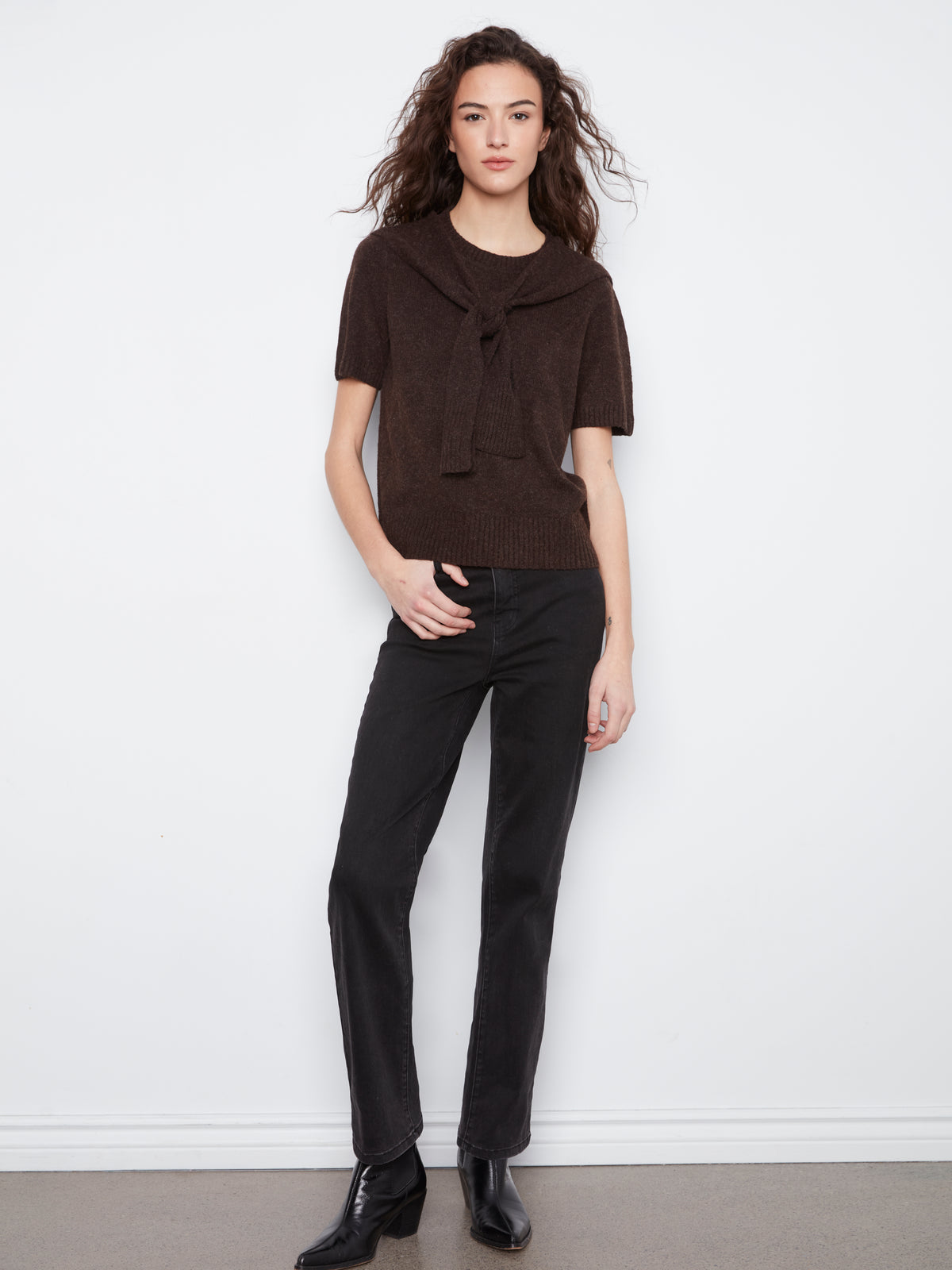 Short Sleeve Crew Neck with Over Shoulder Front Tie
