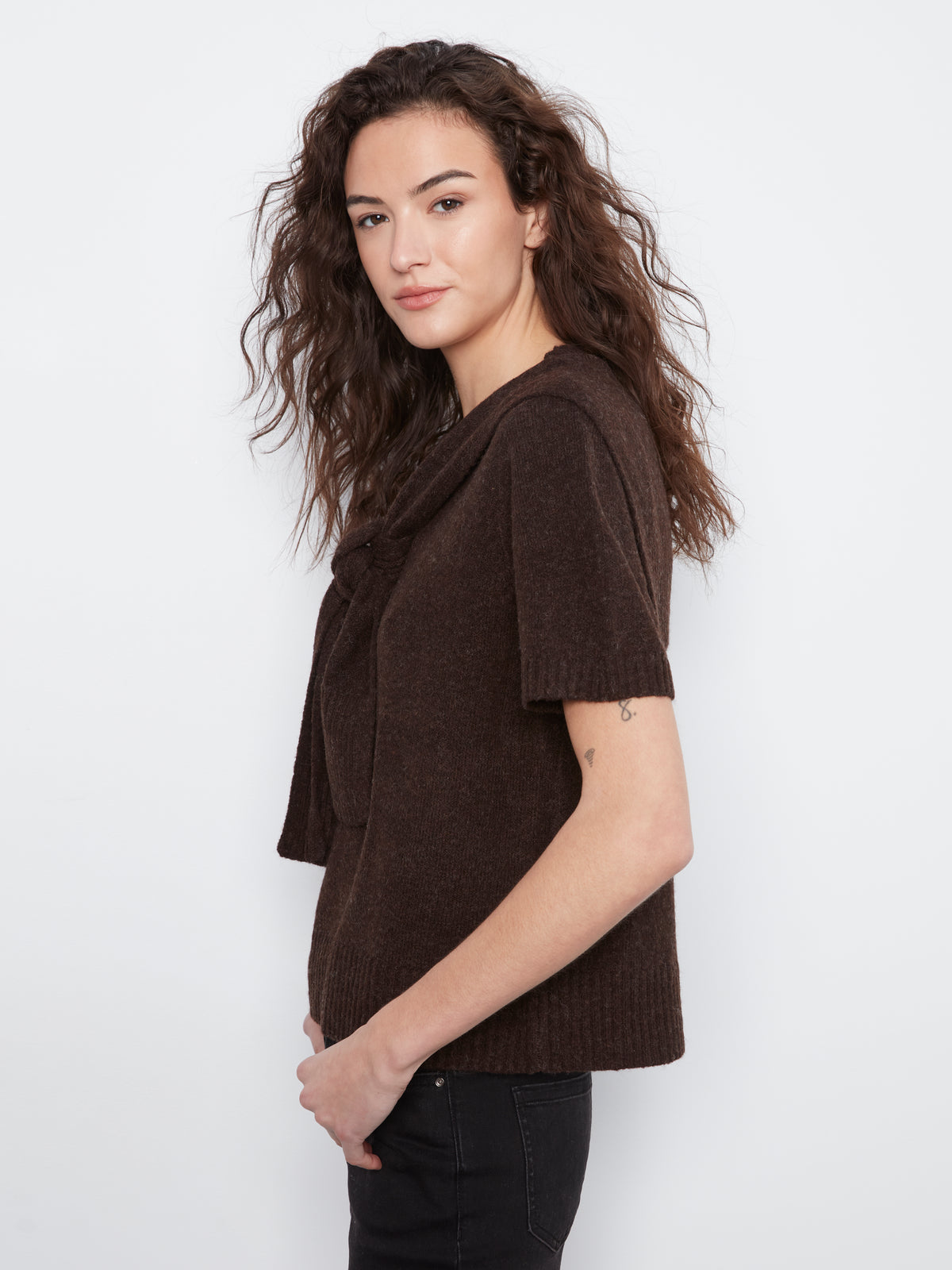 Short Sleeve Crew Neck with Over Shoulder Front Tie
