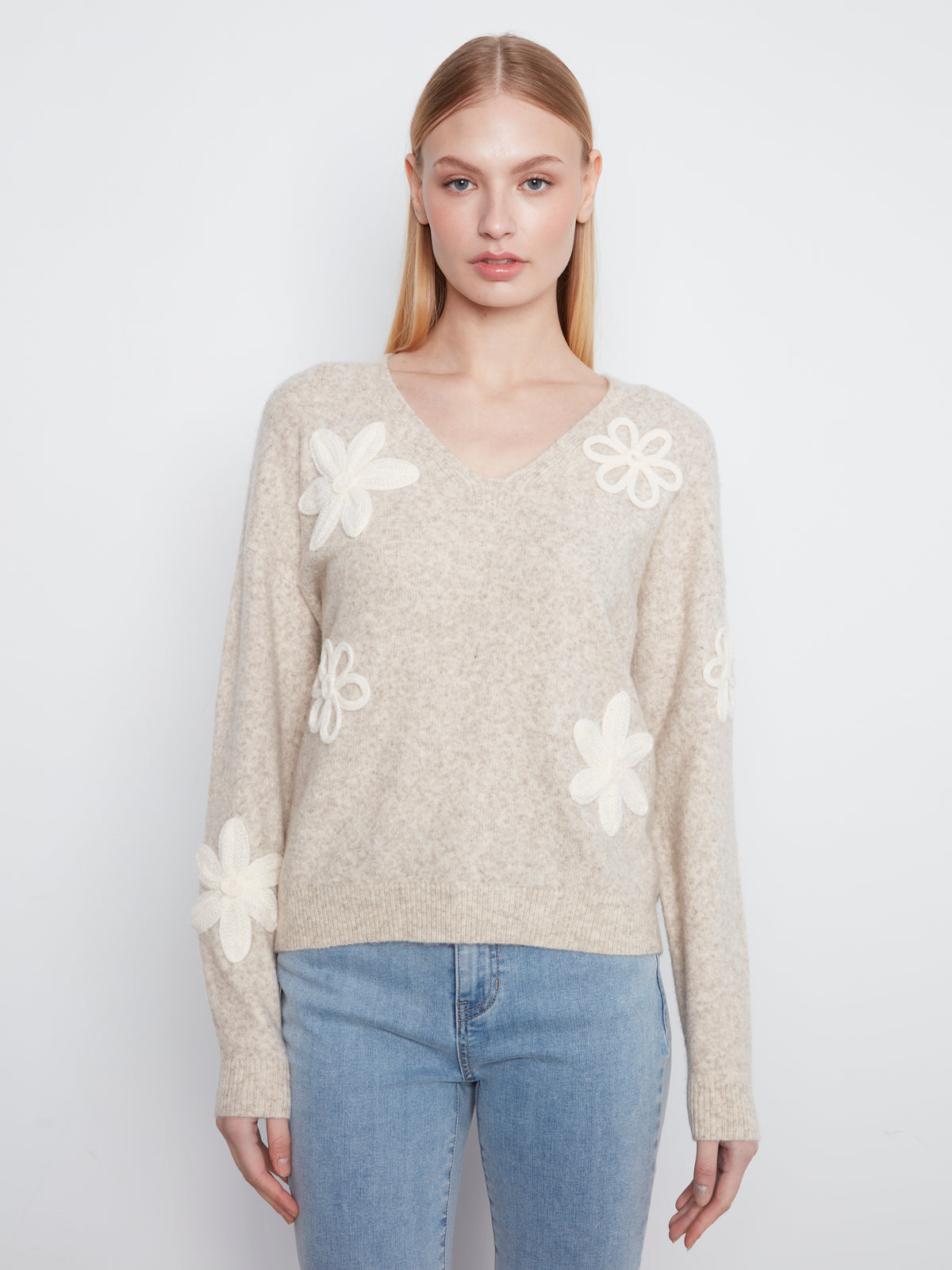Flower Applique Drop Shoulder V-Neck Sweater