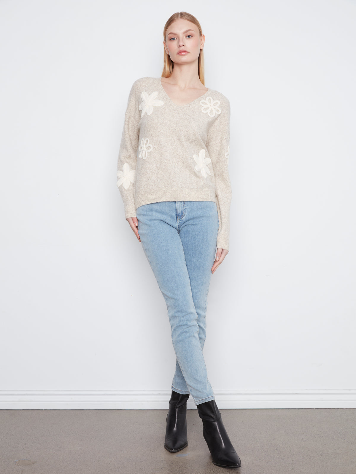 Flower Applique Drop Shoulder V-Neck Sweater