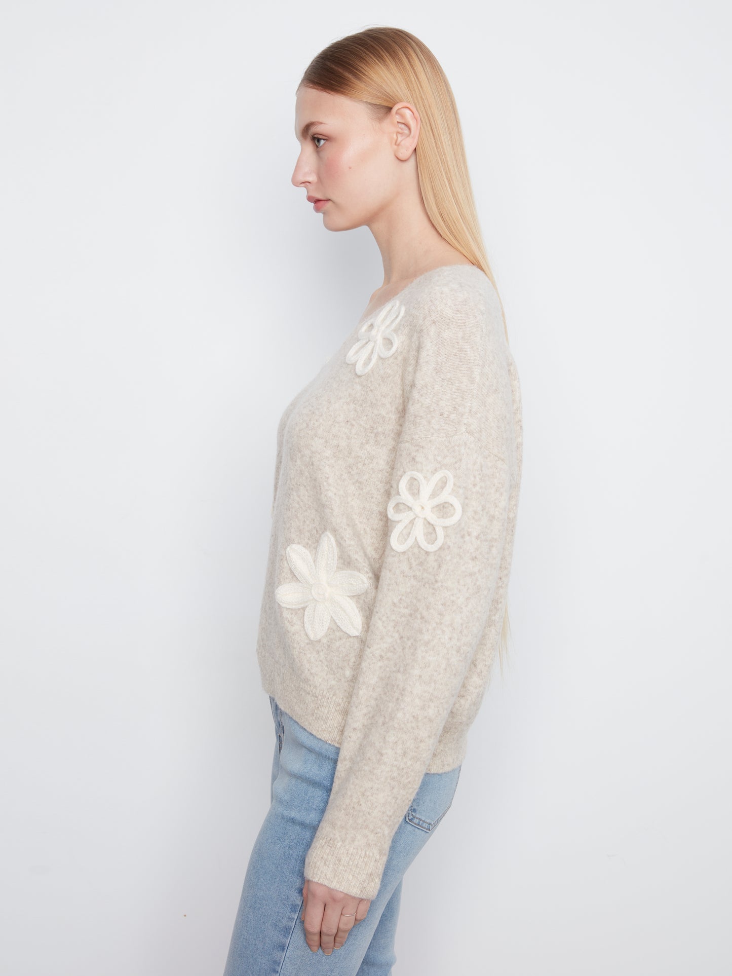 Flower Applique Drop Shoulder V-Neck Sweater