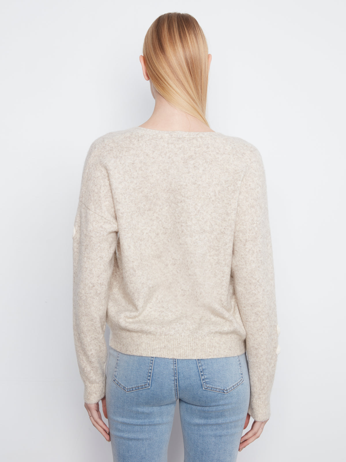 Flower Applique Drop Shoulder V-Neck Sweater