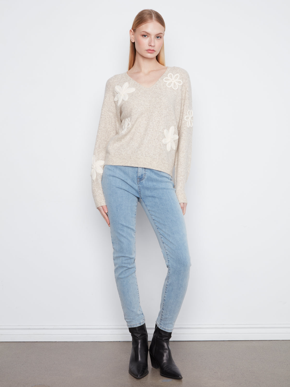 Flower Applique Drop Shoulder V-Neck Sweater
