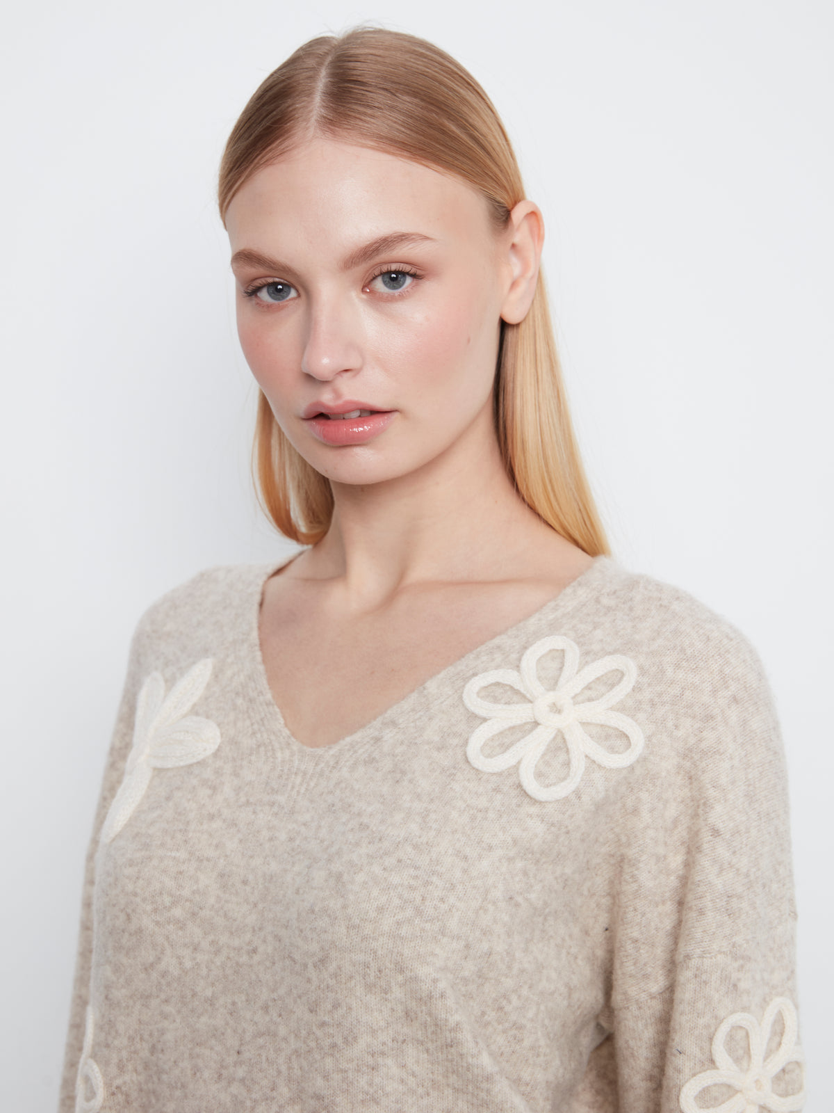 Flower Applique Drop Shoulder V-Neck Sweater