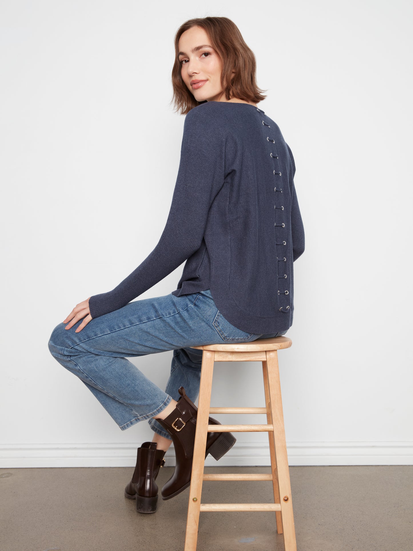 Knit Sweater With Back Lace-Up Detail - Heather Denim