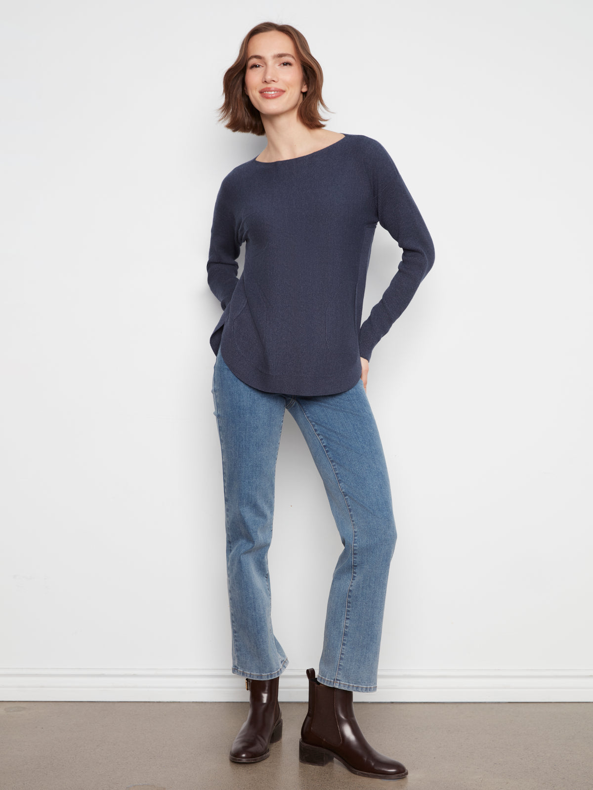 Knit Sweater With Back Lace-Up Detail - Heather Denim