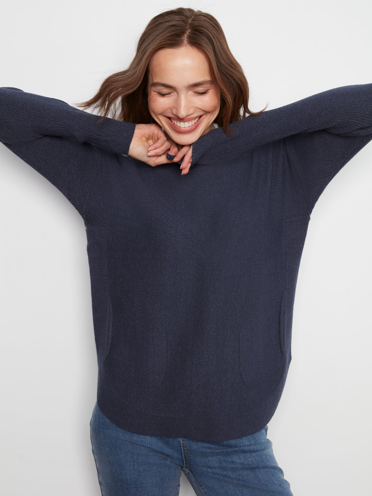 Knit Sweater With Back Lace-Up Detail - Heather Denim