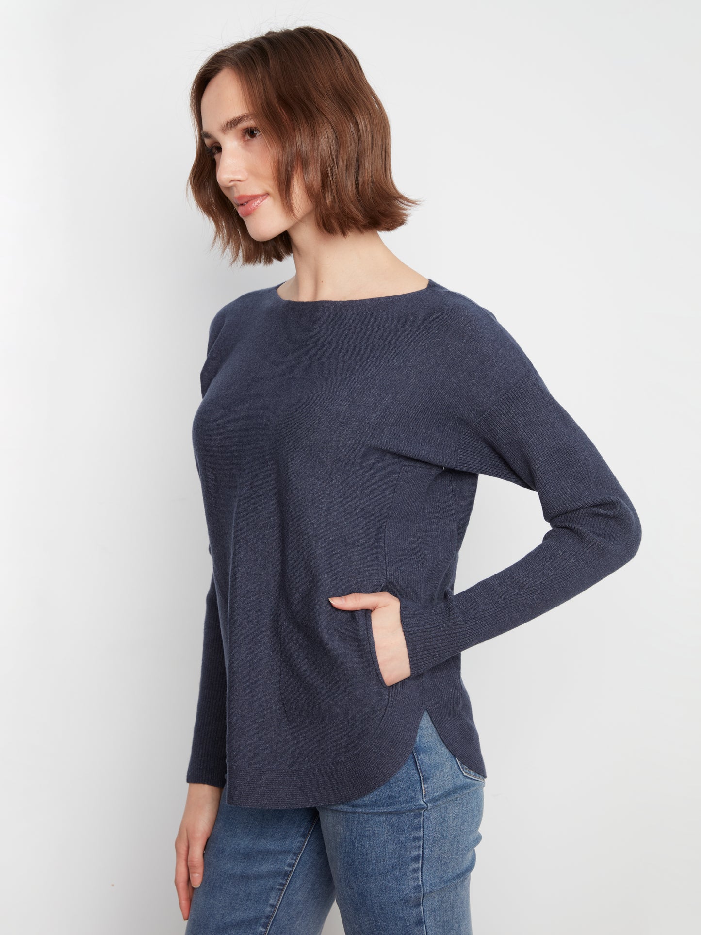 Knit Sweater With Back Lace-Up Detail - Heather Denim