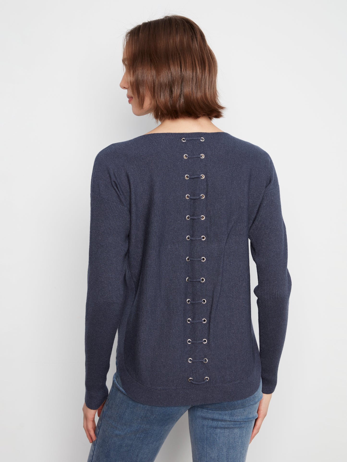 Knit Sweater With Back Lace-Up Detail - Heather Denim