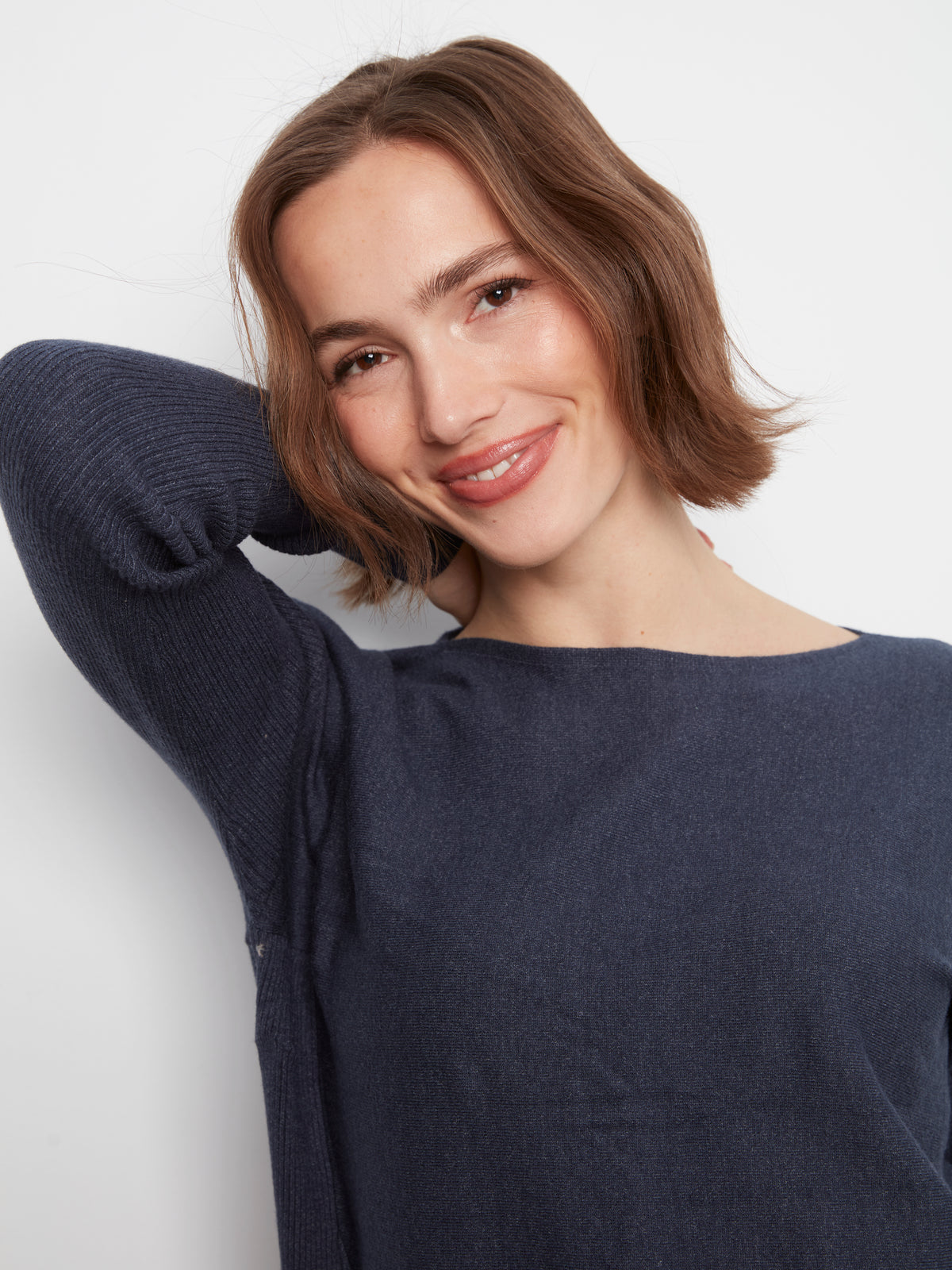Knit Sweater With Back Lace-Up Detail - Heather Denim