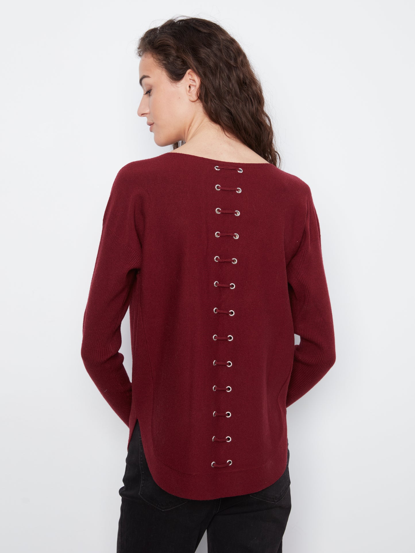 Knit Sweater With Back Lace-Up Detail - Merlot