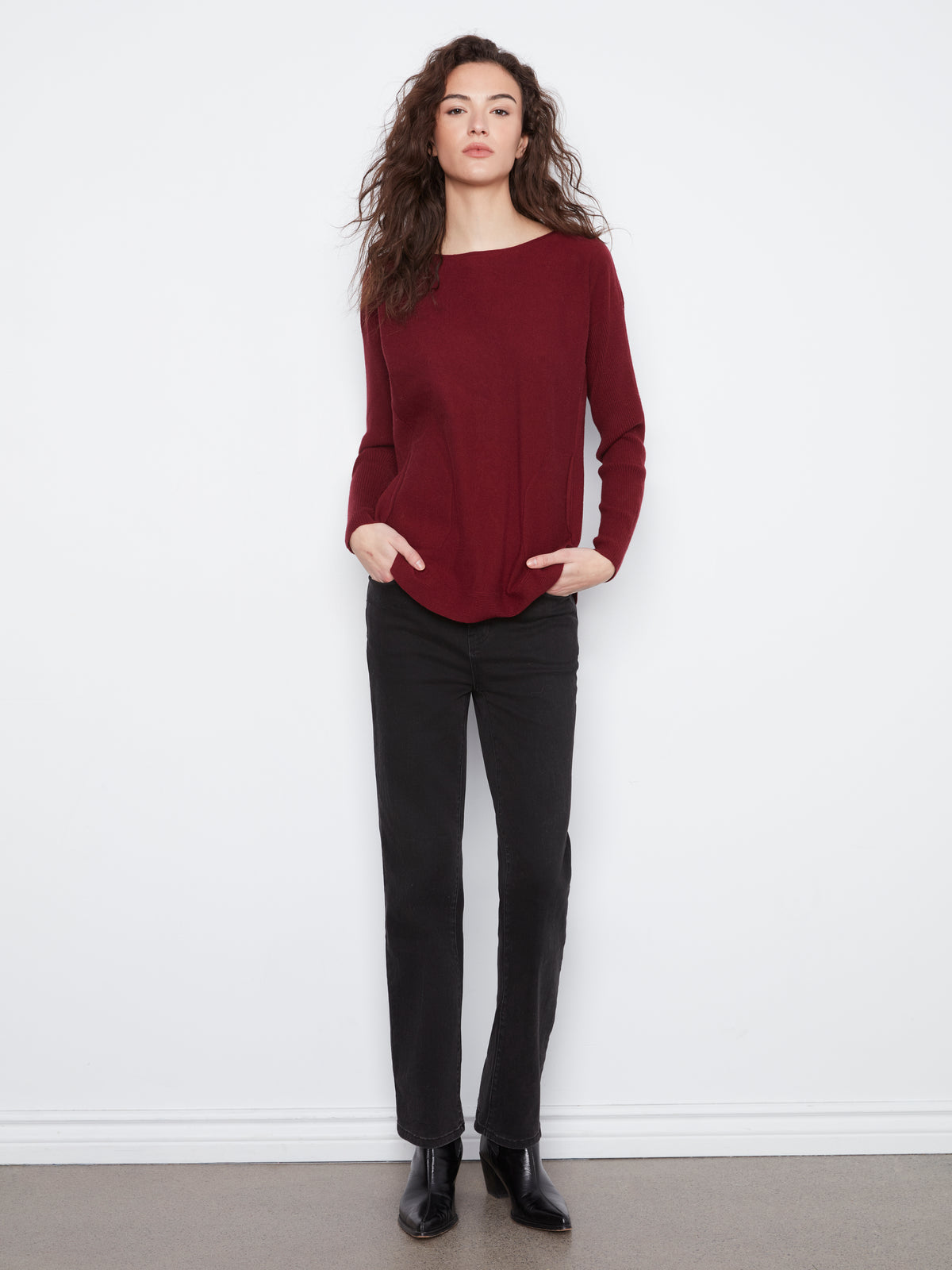 Knit Sweater With Back Lace-Up Detail - Merlot