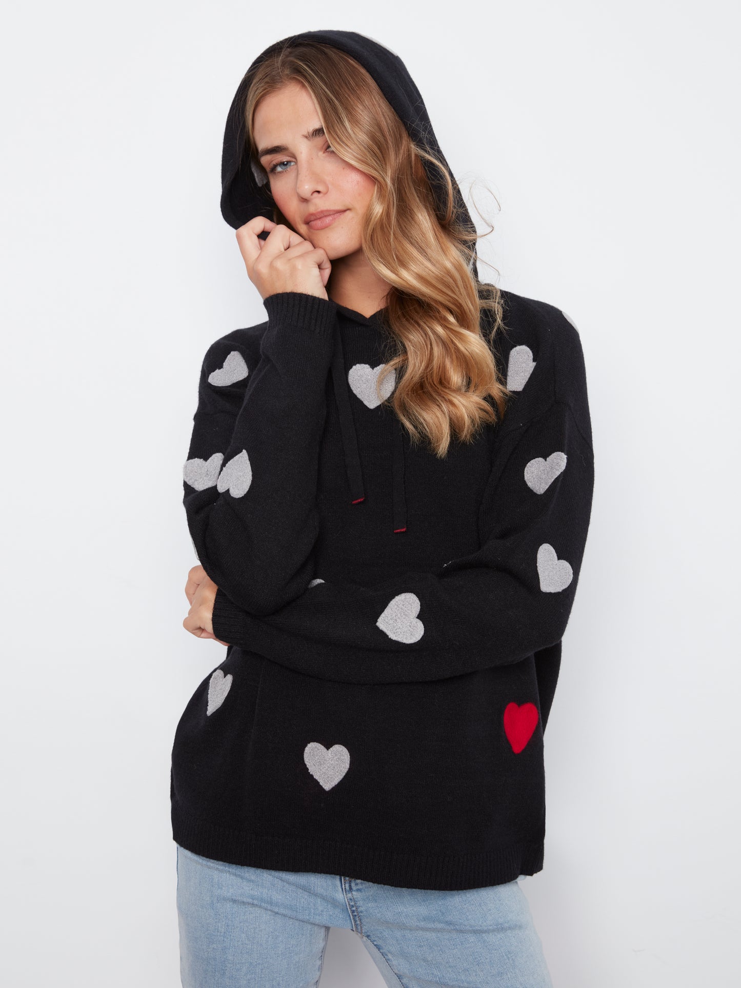 Embroidered Hearts Hoodie Sweater - Black