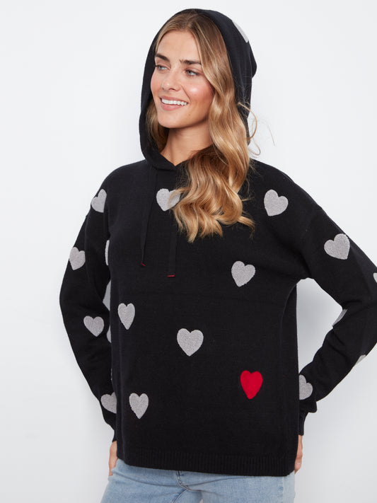 Embroidered Hearts Hoodie Sweater - Black