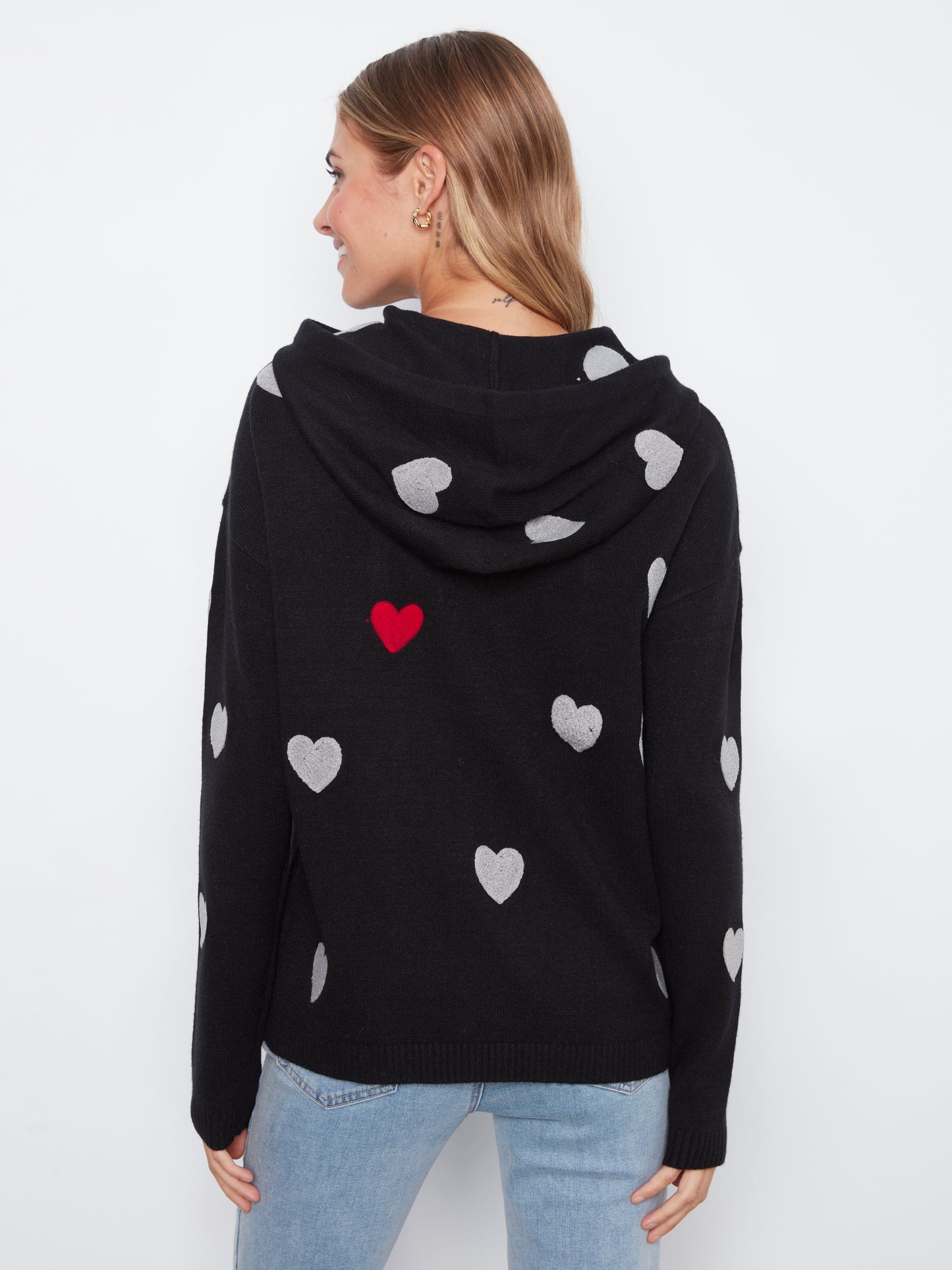 Embroidered Hearts Hoodie Sweater - Black