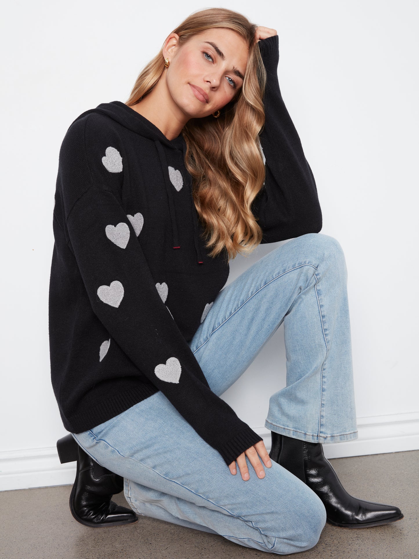 Embroidered Hearts Hoodie Sweater - Black