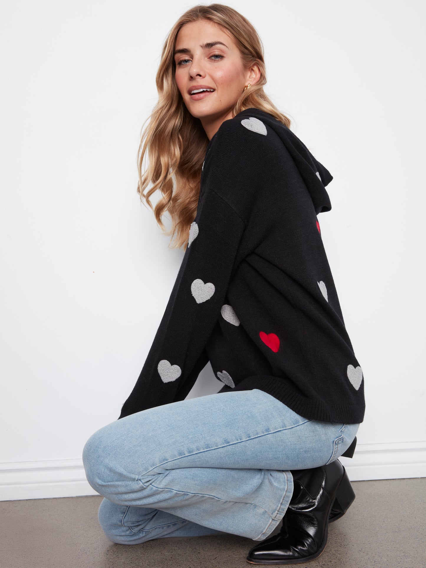 Embroidered Hearts Hoodie Sweater - Black