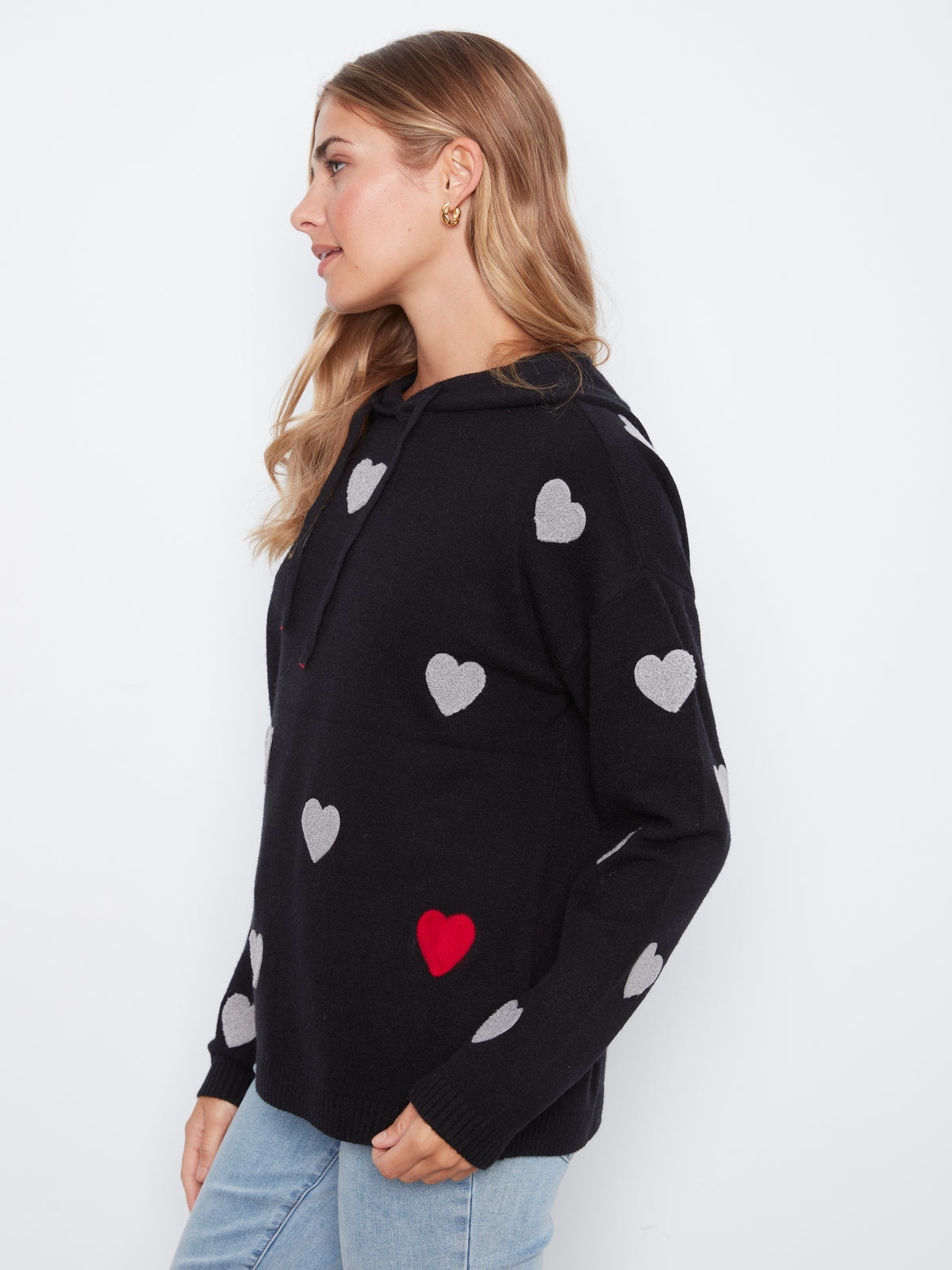 Embroidered Hearts Hoodie Sweater - Black