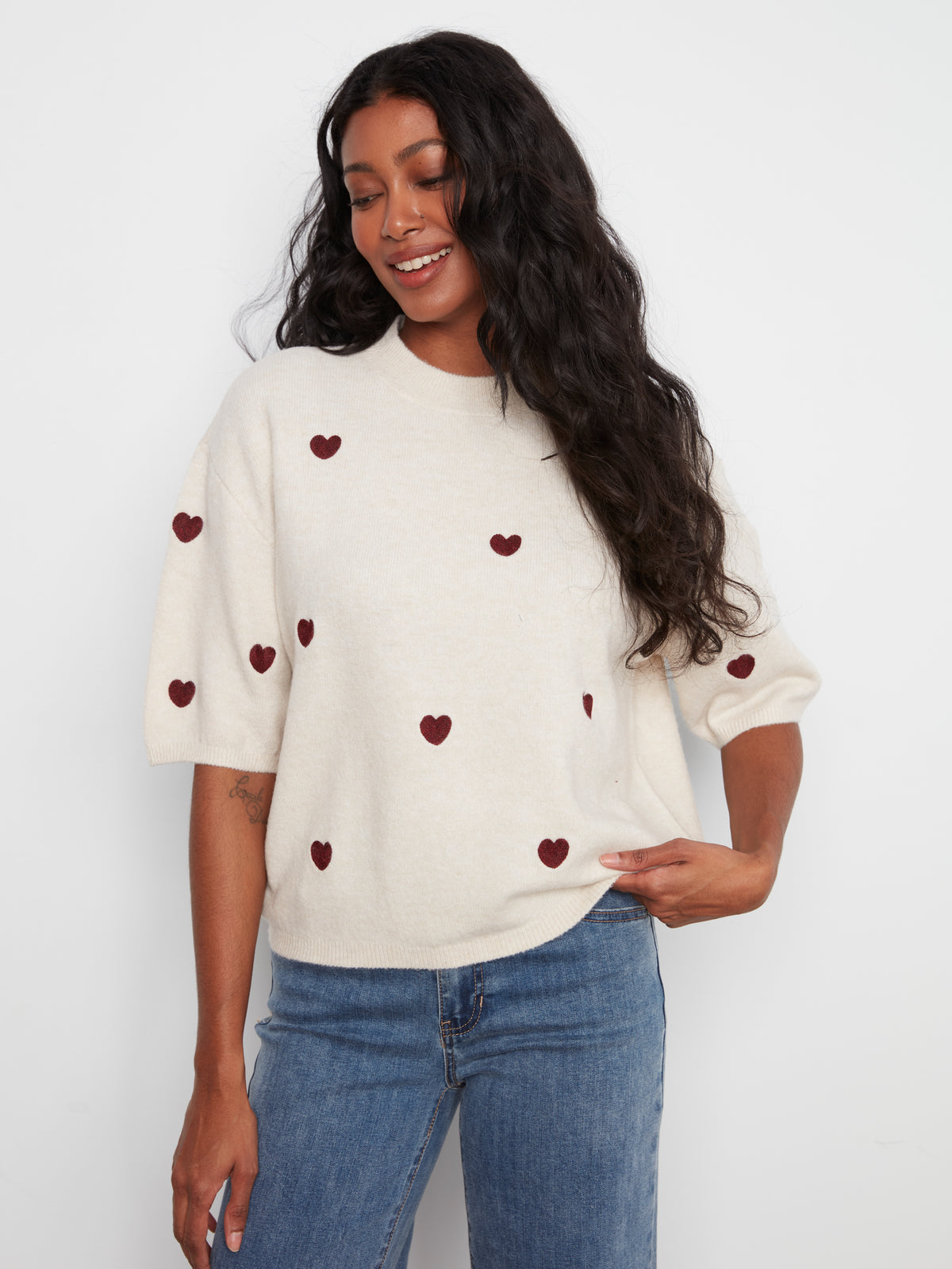 All Over Embroidery Hearts Elbow Sleeve Sweater