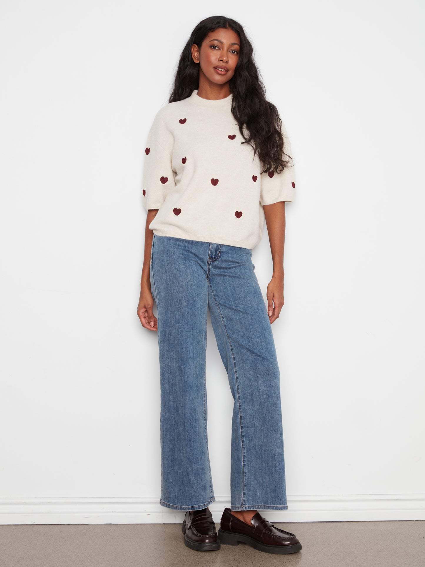 All Over Embroidery Hearts Elbow Sleeve Sweater