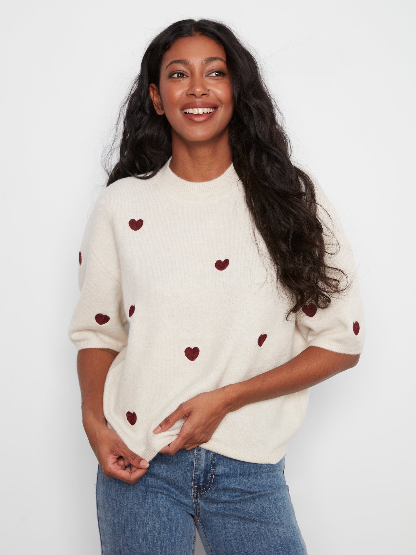 All Over Embroidery Hearts Elbow Sleeve Sweater