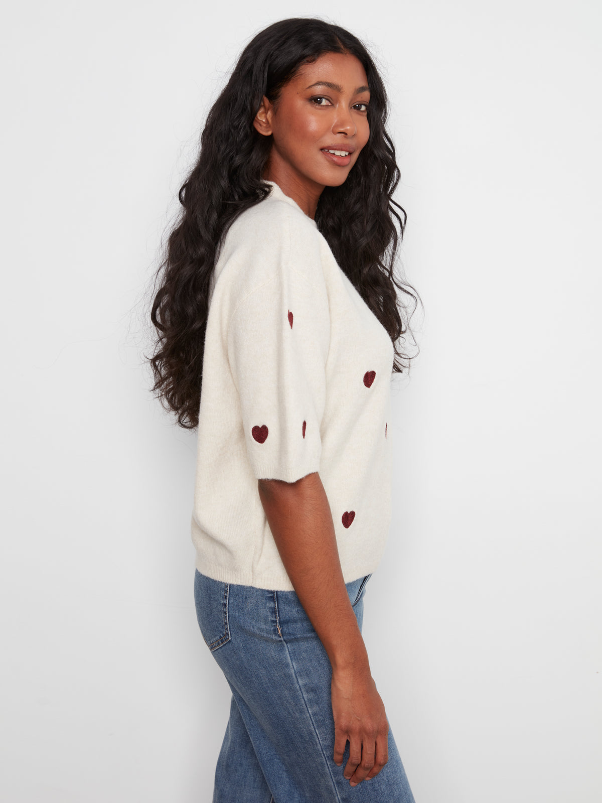 All Over Embroidery Hearts Elbow Sleeve Sweater