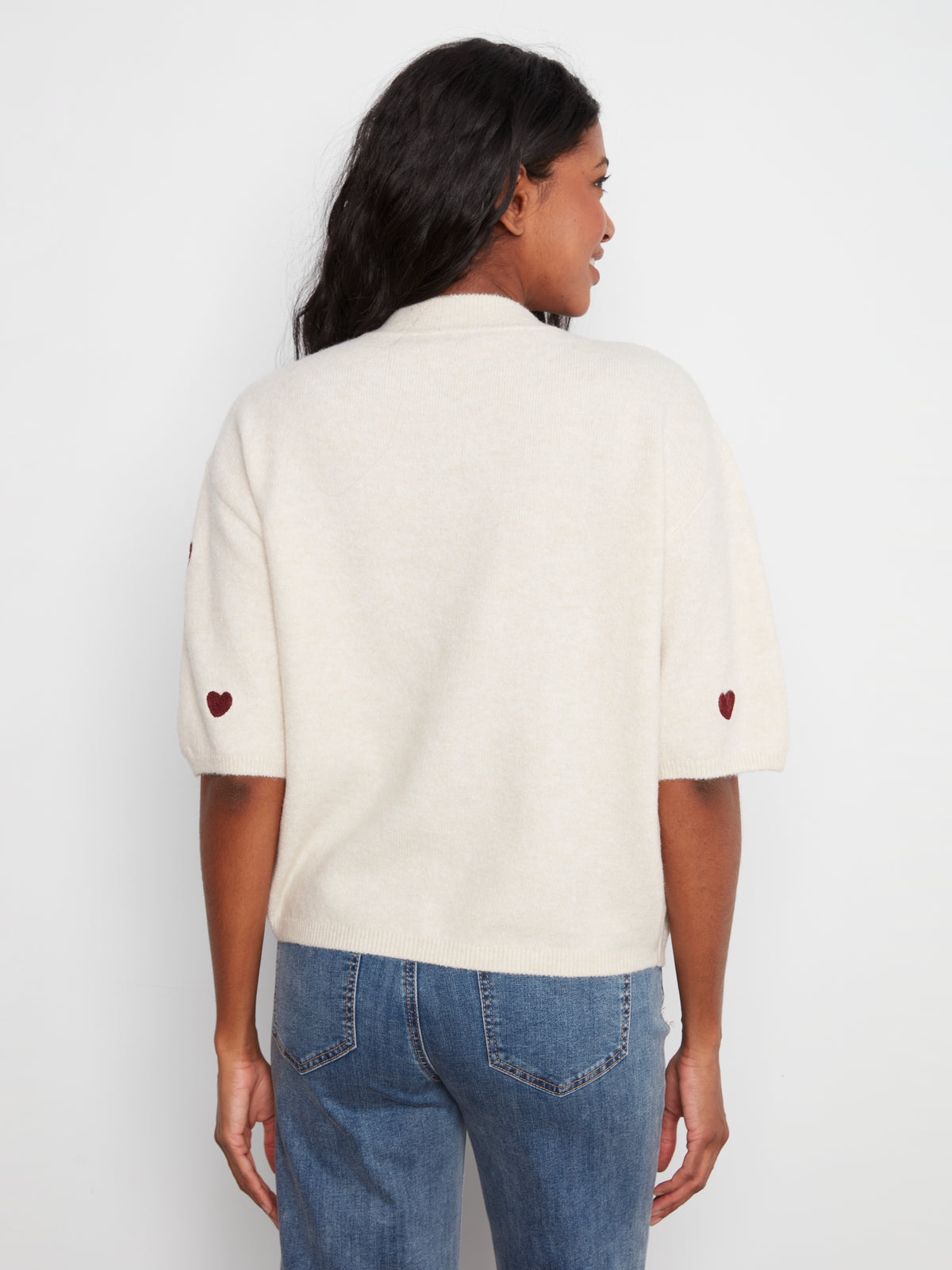 All Over Embroidery Hearts Elbow Sleeve Sweater