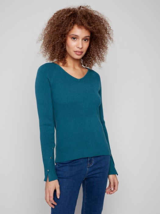 Ribbed Knit V-Neck with Heart Rivets