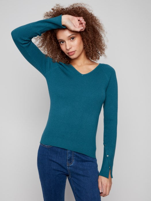 Ribbed Knit V-Neck with Heart Rivets